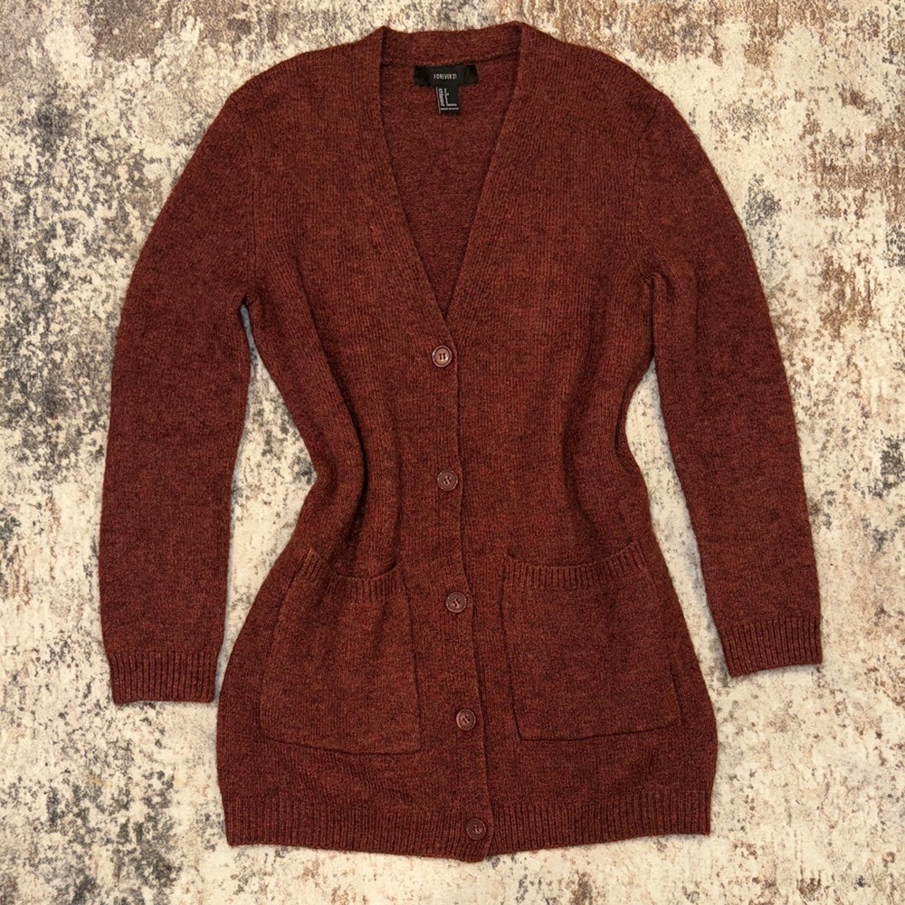 Rust Brown Long Button-Up Knit Cardigan